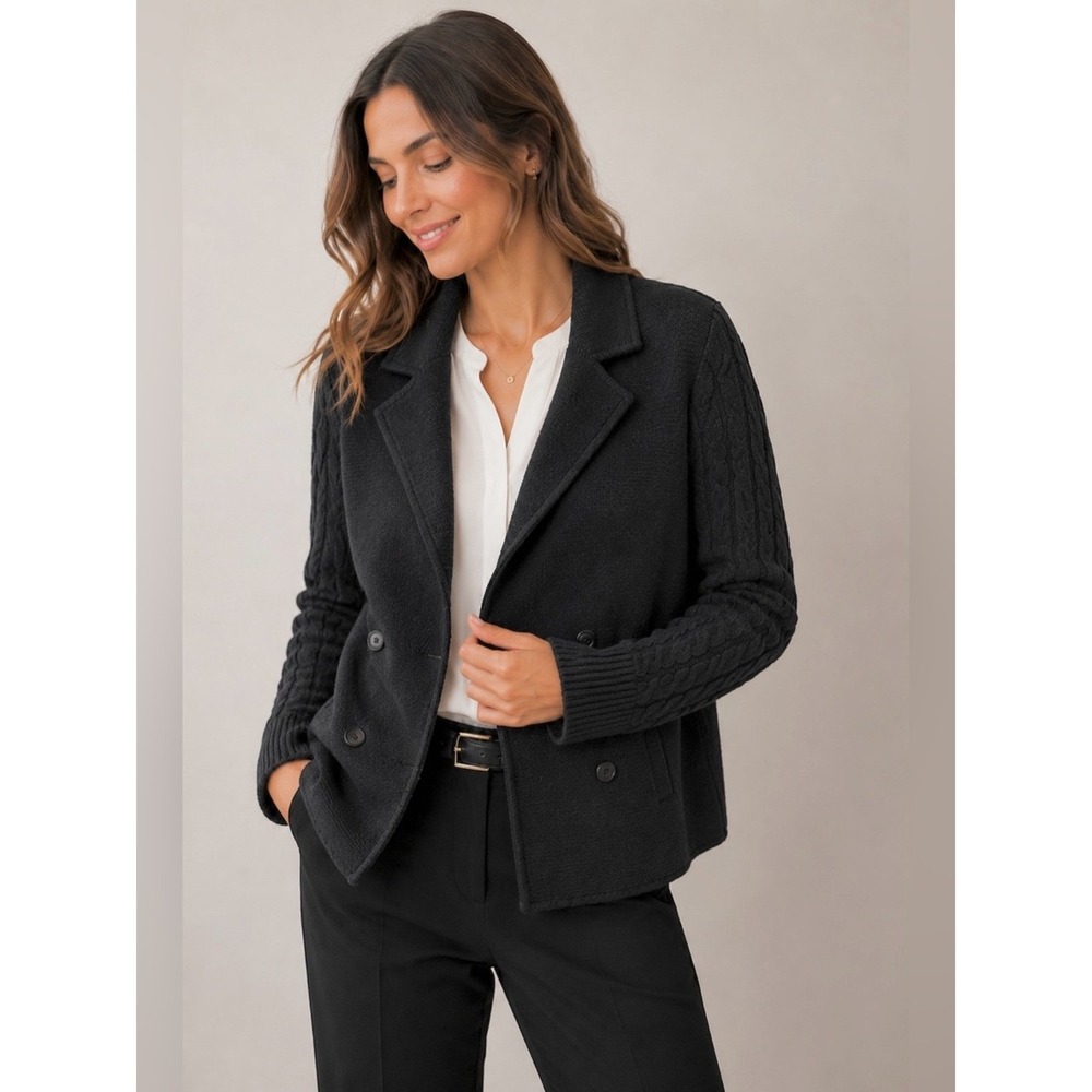 LOFT Wool Blazer Cardigan XL Black Chunky Cable Knit Old Money Heritage Preppy